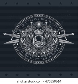 Skull front view in center of wreath from leaf and berry and cross swords. Heraldic vintage label on blackboard