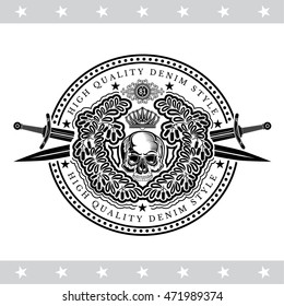 Skull front view in center of wreath from leaf and berry and cross swords. Heraldic vintage label on white