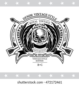 Skull front view in center of wreath with cross arrows. Heraldic vintage label on white