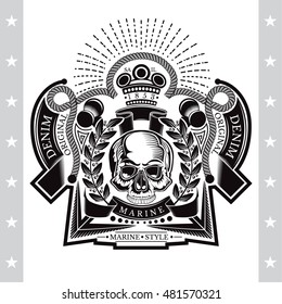 Skull front view in center wreath with crossed harpoon and bones. Heraldic vintage label on white