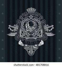 Skull front view in center of wreath with cross swords and anchor behind. Heraldic vintage label on blackboard