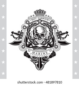 Skull front view in center of wreath with cross swords and anchor behind. Heraldic vintage label on white