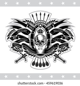 Skull front view with cross arrows and swords in center of winding ribbon pattern. Heraldic vintage label on white
