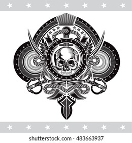 Skull front view with cross sabers and anchor. Heraldic vintage label on white