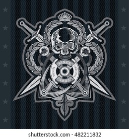 Skull front view with cross swords and anchor. Heraldic vintage label on blackboard