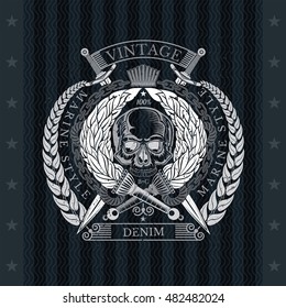 Skull front view with cross swords and torch. Heraldic vintage label on blackboard