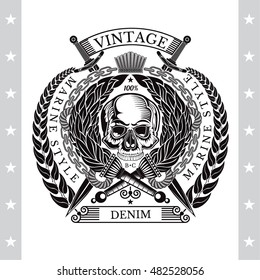 Skull front view with cross swords and torch. Heraldic vintage label on white