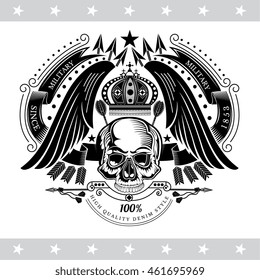 Skull front view with crown under the wings between ribbons and cross arrows. Vintage label isolated on white