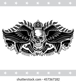 Skull front view with a lower jaw between two pair wings and ribbons. Vintage label isolated on white
