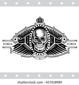 Skull front view with a lower jaw between two pair wings and line pattern. Vintage label isolated on white