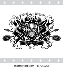 Skull front view with a lower jaw between wings, ribbons and cross old weapons. Vintage label isolated on white