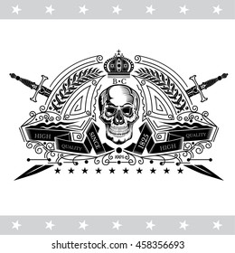 Skull front view with a lower jaw in center palm wreath and cross swords behind. Heraldic vintage label on white