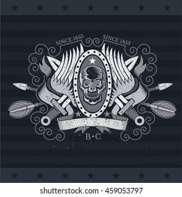Skull front view with a lower jaw between wings, ribbons and cross vintage weapons. Vintage label isolated on blackboard