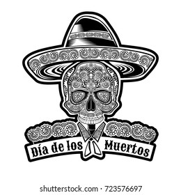 Skull front view with mexican hat and pattern on face symbol of Dia de Muertos holiday. Monochrome illustration isolated on white