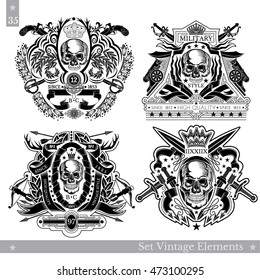 Skull front view with vintage weapon, elements and plant pattern. Set of vintage banners on white