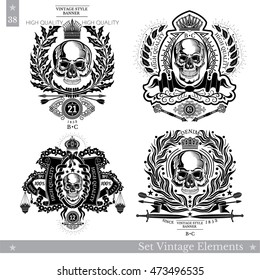 Skull front view with vintage weapon, wreath and plant pattern. Set of vintage banners on white