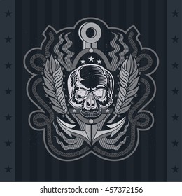 Skull front view without a lower jaw between laurel branch and anchor behind. Vintage label isolated on blackboard