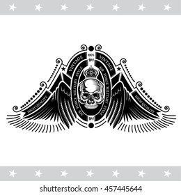 Skull front view without a lower jaw between two pair wings and ribbons. Vintage label isolated on white