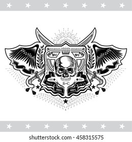 Skull front view without a lower jaw between wings, ribbons and cross sabers. Vintage label isolated on white