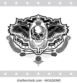 Skull front view without a lower jaw between wings, ribbon with cross arrows. Vintage label isolated on white