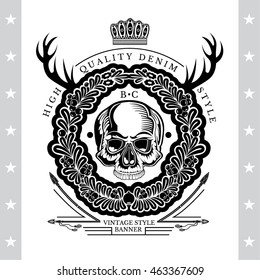 Skull front view without a lower jaw in center of floral wreath with horns and arrows. Heraldic vintage label on white