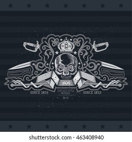 Skull front view without a lower jaw in center of winding ribbon with cross sword and plant pattern. Heraldic vintage label on blackboard