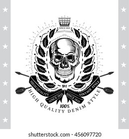 Skull front view with wreath and cross arrows behind. Vintage label isolated on white