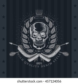 Skull front view with wreath and cross arrows behind. Vintage label on blackboard