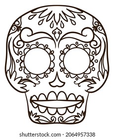 Skull in frontal position, with traditional Mexican pattern of petals and flowers for Day of the Dead, ready to color it with vibrant colors.