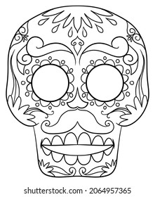 Skull' frontal view with mustache, beautiful and traditional Mexican pattern, ready to color it for Day of the Dead celebration.