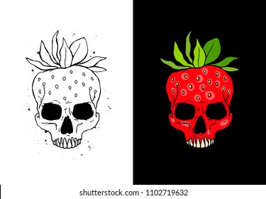 Skull fruit strawberry. Cute vector illustration. Tattoo concept.