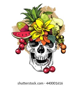 Skull with a Fruits Headband and with cherry. Vector illustration.