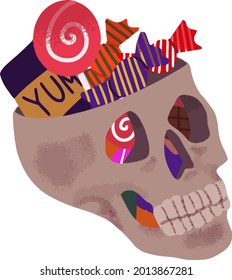 A skull full of Halloween candy and sweets vector.