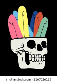 Skull full of surfboards. Surfboard skull cup. Isolated funny surfing illustration.
