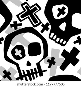 Skull funky boys and girls apparel modern print.Seamless graffiti style painting, halloween background wallpaper 

