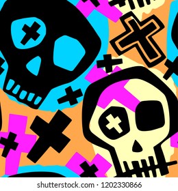 Skull funky boys and girls apparel modern print.Seamless graffiti style painting, halloween background wallpaper 
