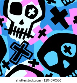 Skull funky boys and girls apparel modern print.Seamless graffiti style painting, halloween background wallpaper 
