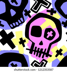 Skull funky boys and girls apparel modern print.Seamless graffiti style painting, halloween background wallpaper 
