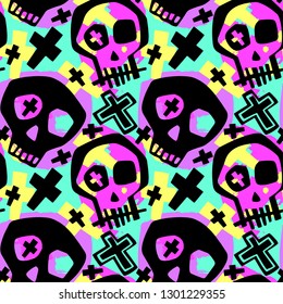 Skull funky boys and girls apparel modern print.Seamless graffiti style painting, halloween background wallpaper 
