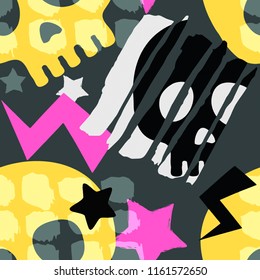 Skull funky seamless rough grunge pattern, modern design template. Hipster trendy painted style texture, poster with different doodle elements.Urban bright youth textiles sample
