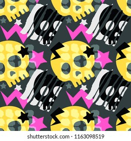 Skull funky seamless rough grunge pattern, modern design template. Hipster trendy painted style texture, poster with different doodle elements.Urban bright youth textiles sample