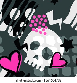 Skull funky seamless rough grunge pattern, modern design template. Hipster trendy painted style texture, poster with different doodle elements.Urban bright youth textiles sample