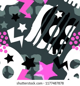 Skull funky seamless rough grunge pattern, modern design template. Hipster trendy painted style texture, poster with different doodle elements.Urban bright youth textiles sample