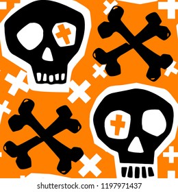 Skull funky seamless rough grunge pattern, modern design template. Hipster trendy painted style texture, poster with different doodle elements.Urban bright youth textiles sample