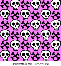 Skull funky seamless rough grunge pattern, modern design template. Hipster trendy painted style texture, poster with different doodle elements.Urban bright youth textiles sample