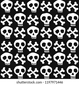 Skull funky seamless rough grunge pattern, modern design template. Hipster trendy painted style texture, poster with different doodle elements.Urban bright youth textiles sample