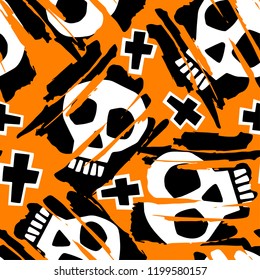 Skull funky seamless rough grunge pattern, modern design template. Hipster trendy painted style texture, poster with different doodle elements.Urban bright youth textiles sample