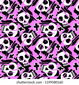 Skull funky seamless rough grunge pattern, modern design template. Hipster trendy painted style texture, poster with different doodle elements.Urban bright youth textiles sample