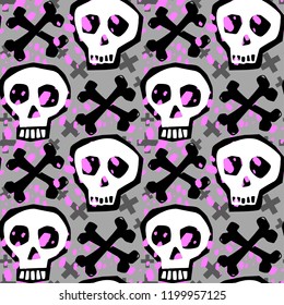 Skull funky seamless rough grunge pattern, modern design template. Hipster trendy painted style texture, poster with different doodle elements.Urban bright youth textiles sample