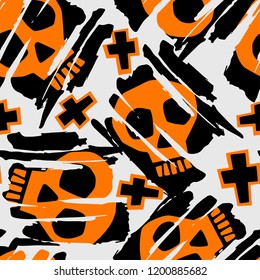 Skull funky seamless rough grunge pattern, modern design template. Hipster trendy painted style texture, poster with different doodle elements.Urban bright youth textiles sample